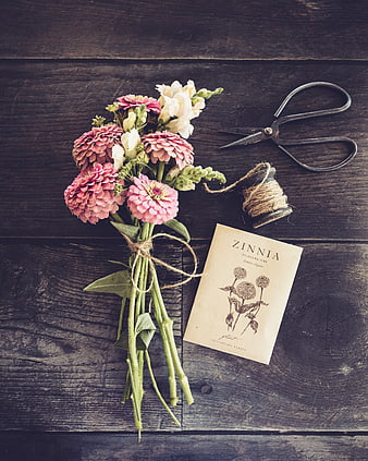 Rustic Pink Zinnia Bouquet Flat Lay on Dark Wood