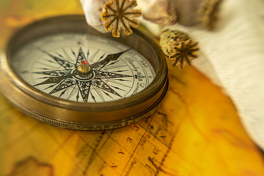 Vintage brass compass on old map with dried flowers
