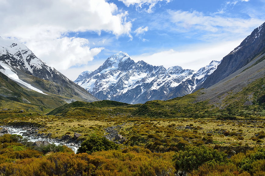 Snowy Mountain Peaks and Green Valley Landscape