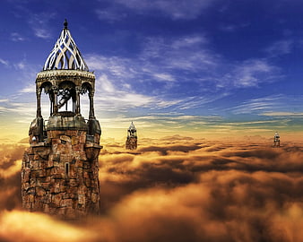 Fantasy stone tower rising above a golden sea of clouds