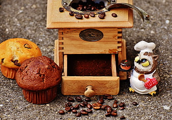 Wooden Coffee Grinder with Muffins and Owl Figurine