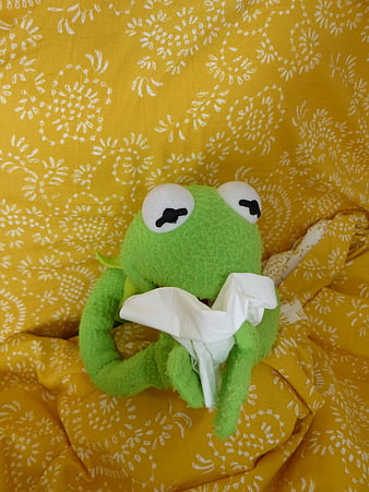Green frog plush toy holding a white tissue on yellow patterned fabric