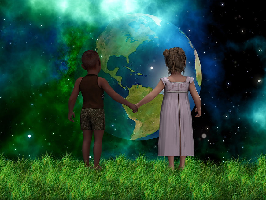 3D Illustration of Children Holding Hands Looking at Earth in Space