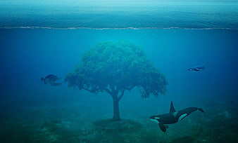 Surreal underwater tree with orca, turtle, and penguin