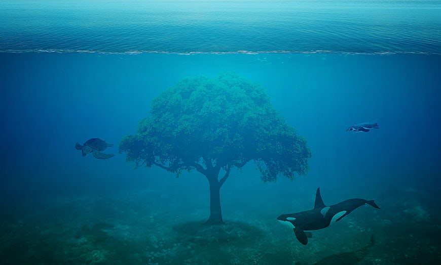 Surreal underwater tree with orca, turtle, and penguin