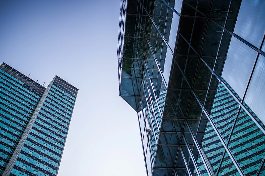 Low Angle View of Modern Glass Skyscrapers