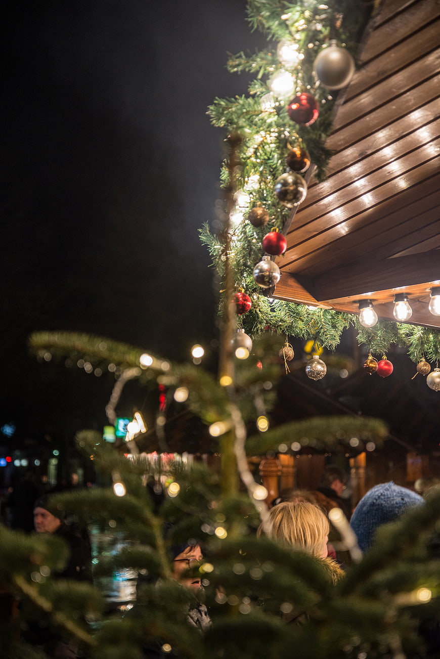 Christmas Market Stall Decorated with Lights and Ornaments