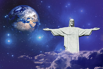 Christ the Redeemer statue with Earth in starry sky