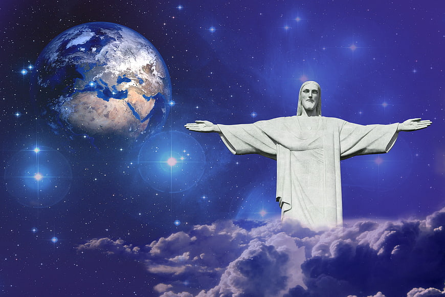 Christ the Redeemer statue with Earth in starry sky