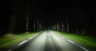 Motion blur night drive on tree-lined road