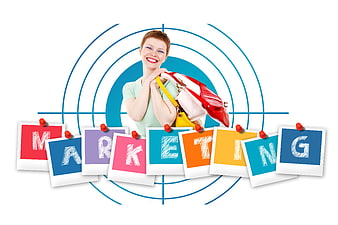 Happy woman with shopping bags and marketing target graphic