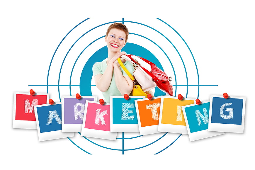 Happy woman with shopping bags and marketing target graphic