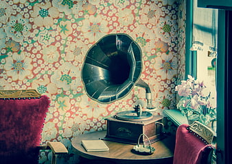 Vintage Gramophone in Retro Floral Room Interior