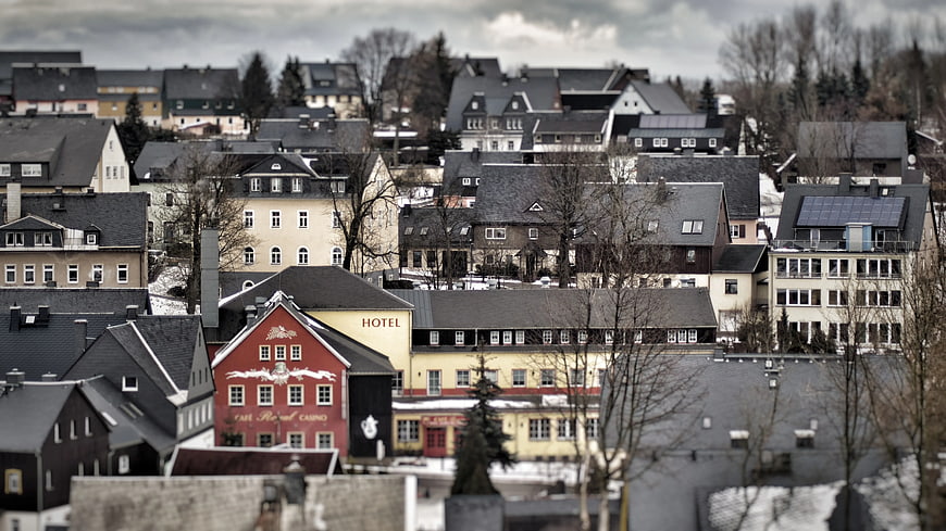 European town architecture with red hotel building