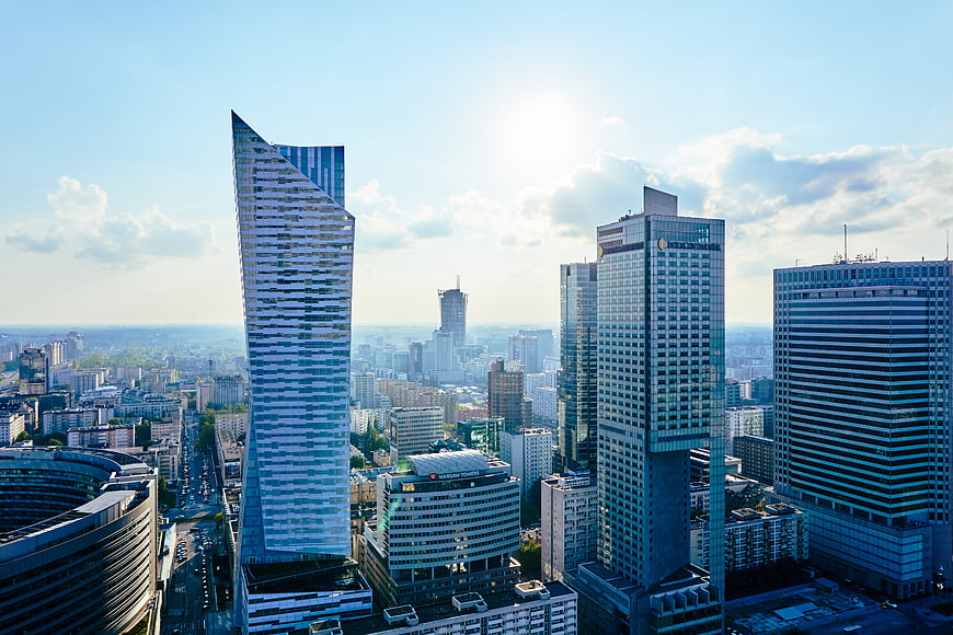 Aerial View of Warsaw City Skyline with Modern Skyscrapers