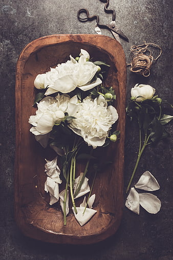 White Peonies in Rustic Wooden Bowl Flat Lay