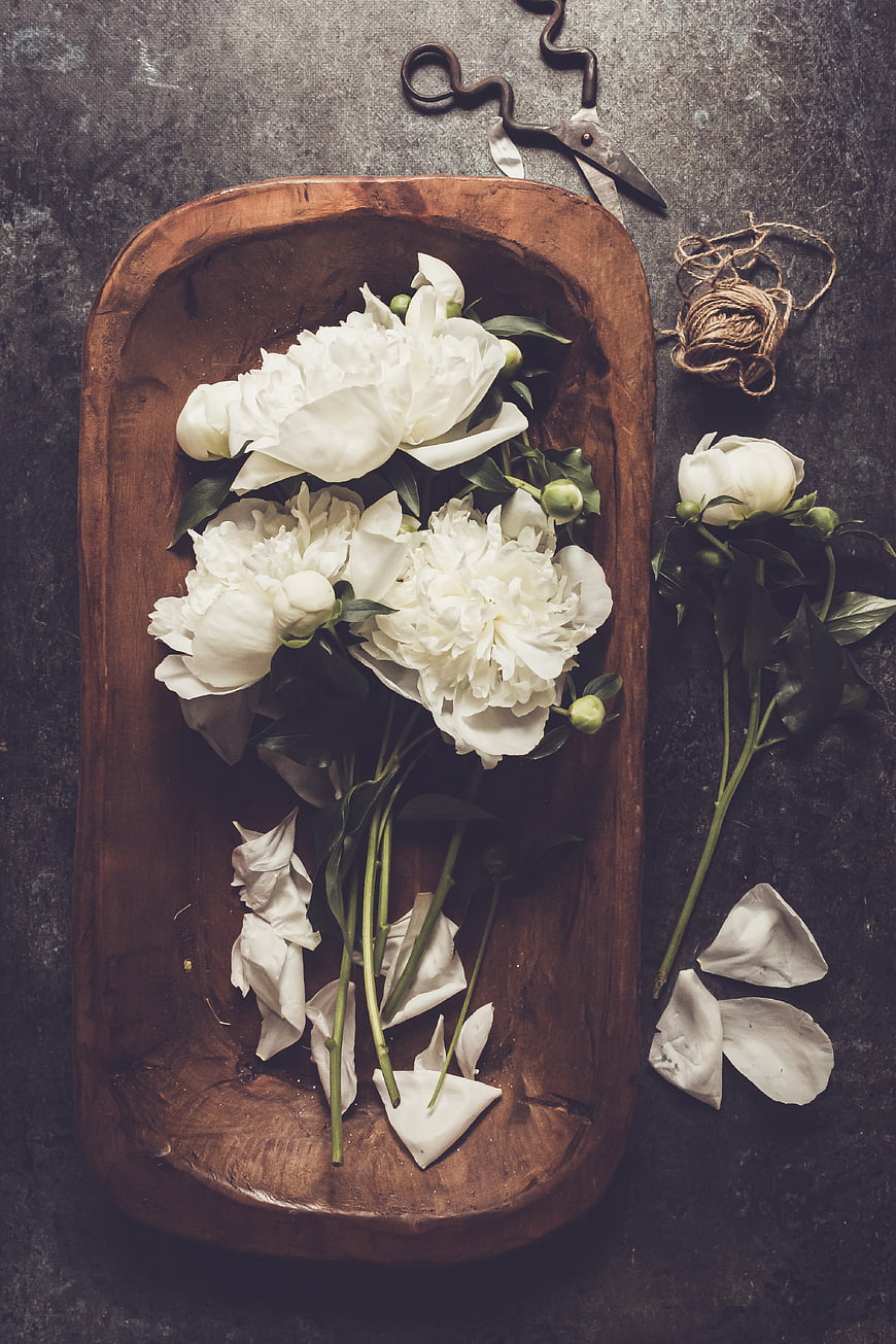 White Peonies in Rustic Wooden Bowl Flat Lay