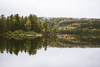 Serene Lake with Canoe Reflections in Autumn Forest