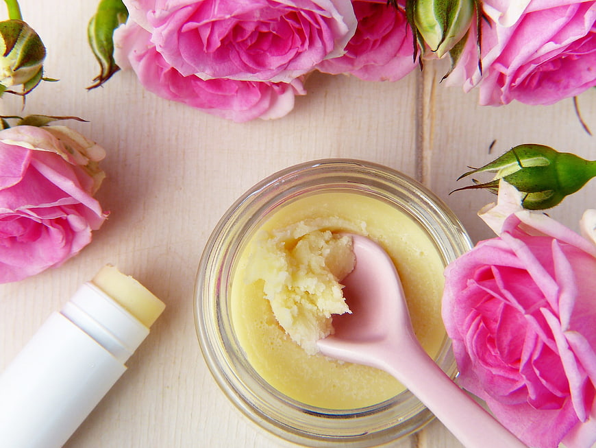 Homemade Shea Butter Cream with Pink Roses and Lip Balm