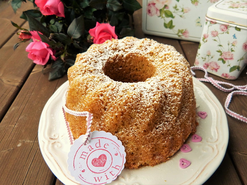 Homemade Bundt Cake with Pink Roses and Floral Tins