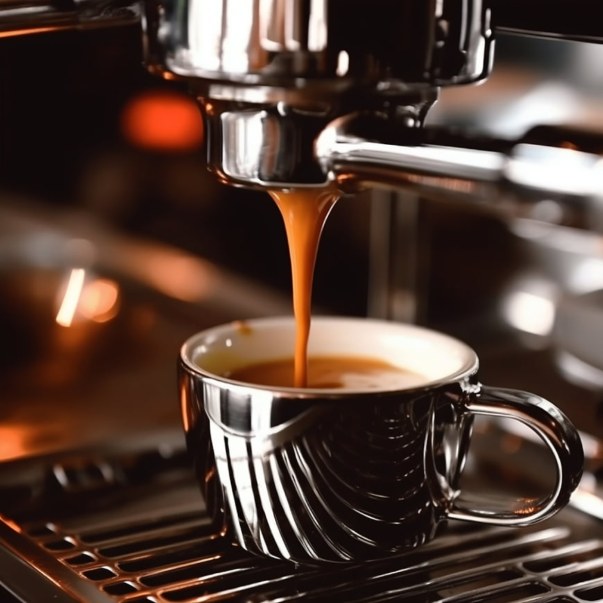 Espresso pouring into a black cup from a machine