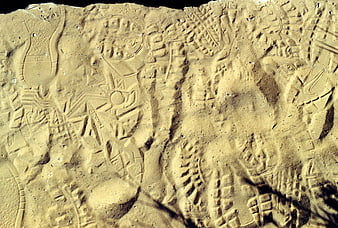 Close-up of textured sand with various shoe prints and patterns