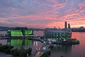 Seoul Han River Architecture at Dusk with Vibrant Pink Sky