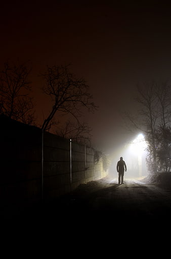 Silhouette of a man walking in foggy night street with streetlight