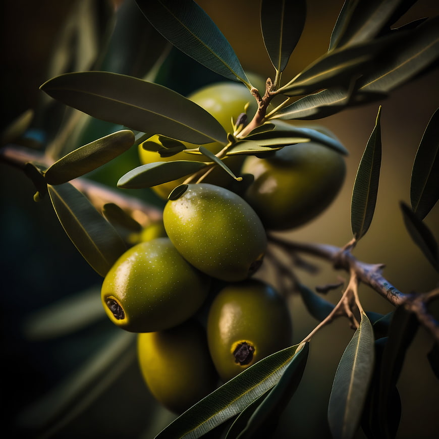 Close-up of fresh green olives on a branch