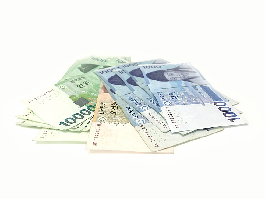 Korean Won Banknotes on White Background