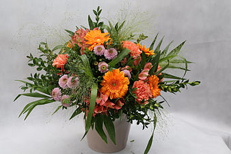 Vibrant Orange and Pink Floral Arrangement in Gray Vase