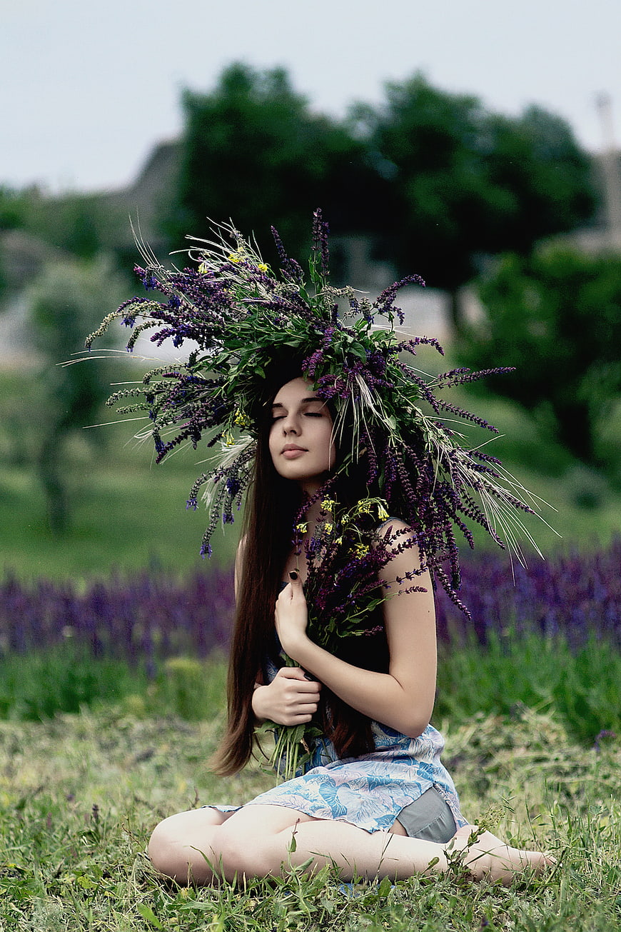 Woman with Lavender Crown in Summer Field