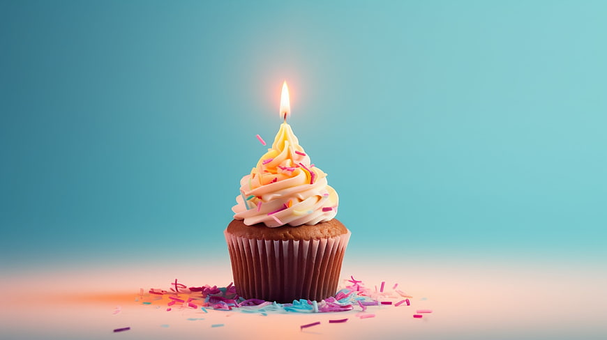 Birthday Cupcake with Candle and Sprinkles on Blue Background