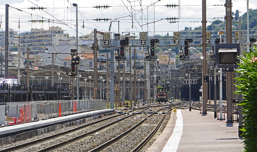 Train tracks and signals at Nice railway station in France