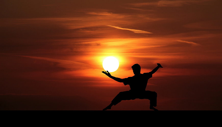 Silhouette of martial artist performing kung fu at sunset