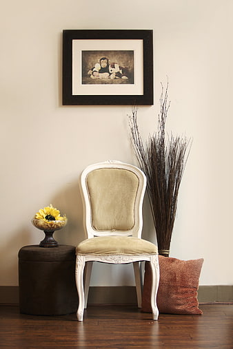 Elegant White French Chair With Beige Upholstery In Minimalist Interior