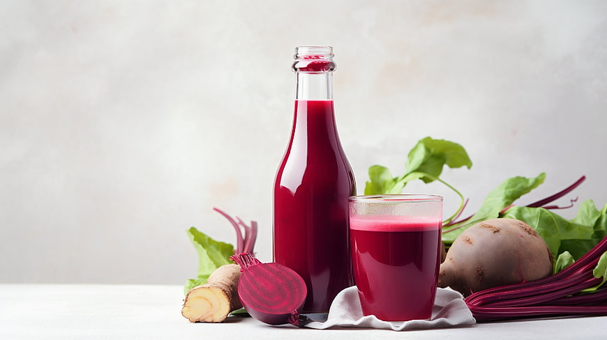 Fresh beetroot juice in glass bottle and cup with raw vegetables