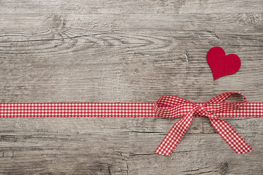 Rustic Valentine's Day Background With Red Gingham Ribbon And Heart