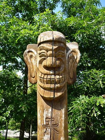 Wooden Korean Folk Mask Sculpture in Garden