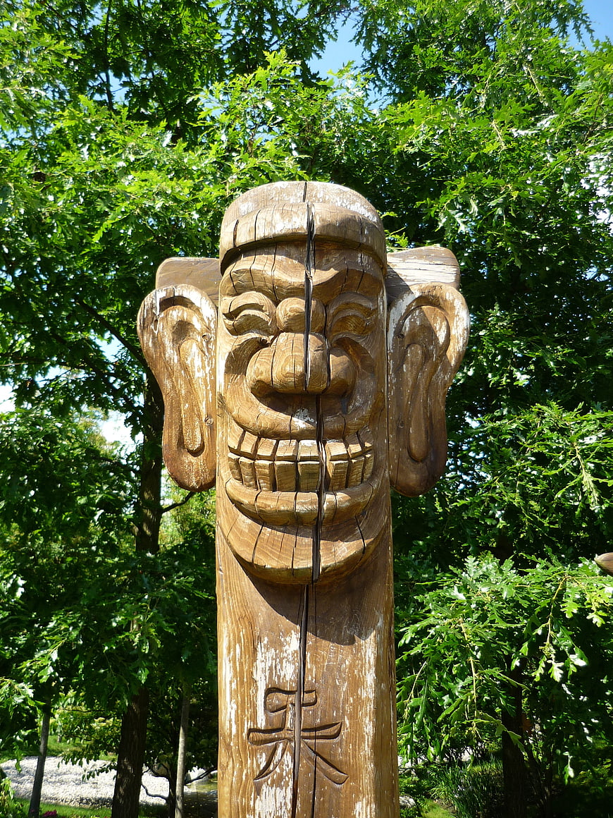 Wooden Korean Folk Mask Sculpture in Garden