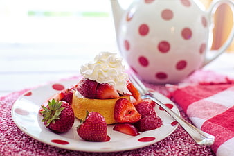 Strawberry Shortcake With Whipped Cream And Polka Dot Teapot