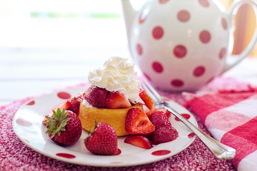 Strawberry Shortcake With Whipped Cream And Polka Dot Teapot