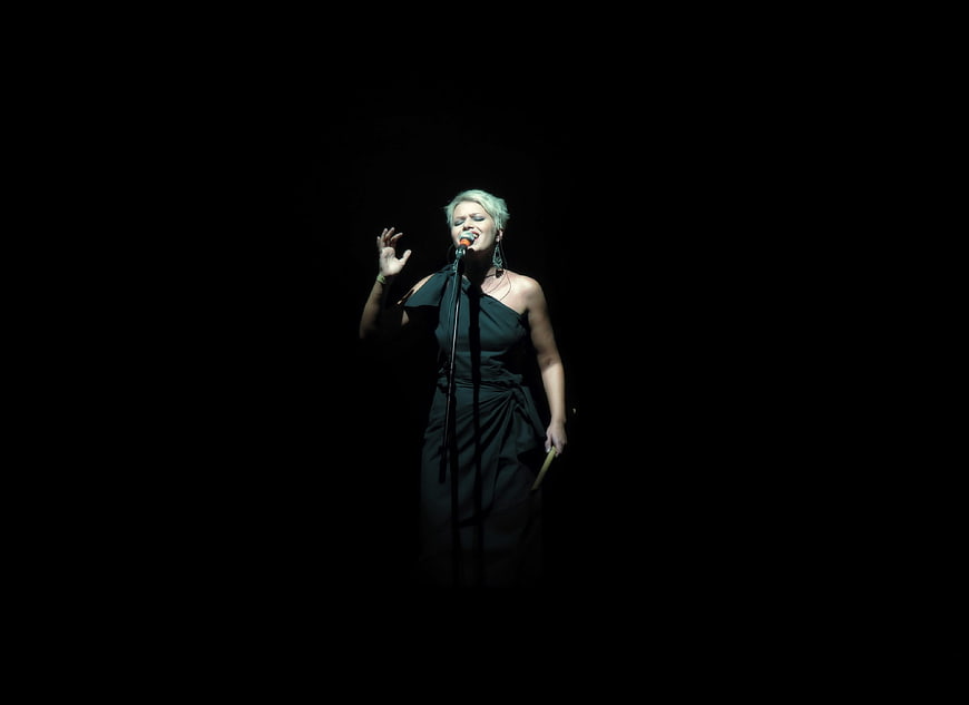 Female Singer Performing on Stage in Spotlight