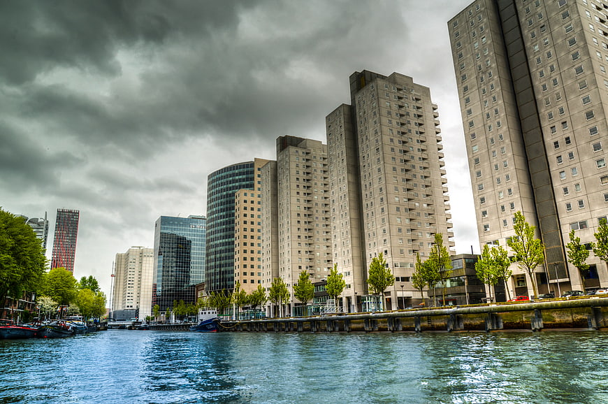 Rotterdam skyline with modern skyscrapers and river view