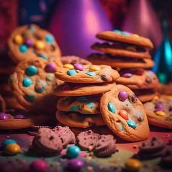 Colorful chocolate chip cookies with candy pieces
