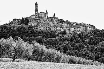 Black and white hilltop village in Morrovalle, Italy