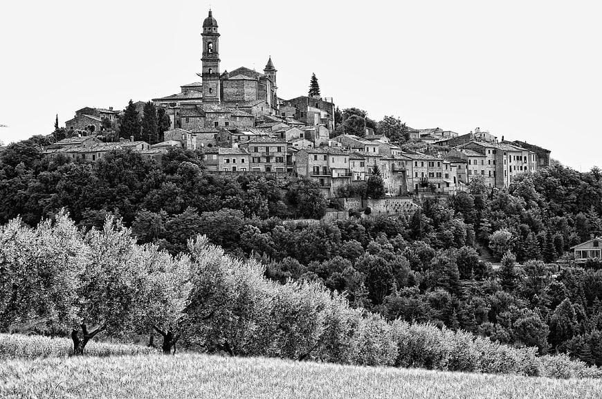 Black and white hilltop village in Morrovalle, Italy