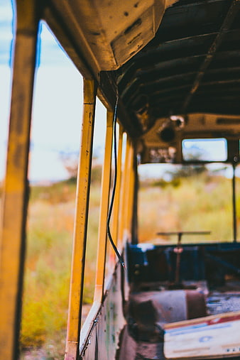 Interior of an abandoned yellow school bus in a field