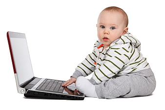 Baby Sitting with Laptop on White Background