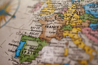 Close-up of a vintage globe map focusing on Western Europe